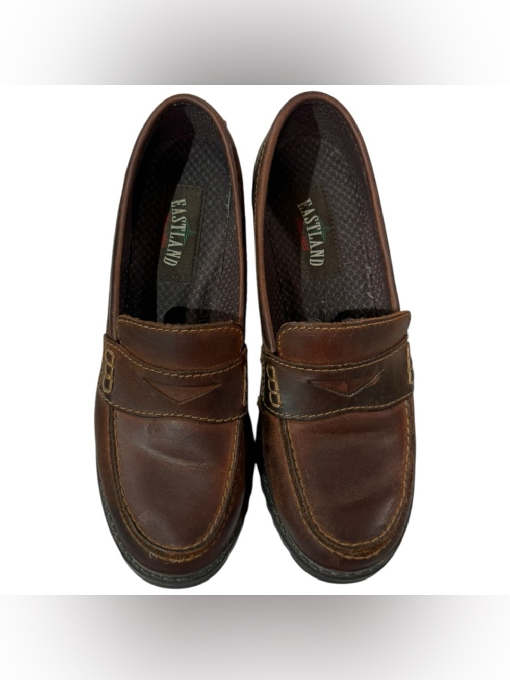 Eastland Moon Beam Brown Leather Loafer Heels Chunky Lug Sole Size 8.5 - Picture 7 of 11